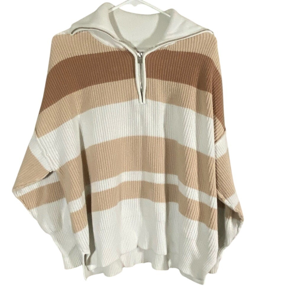 Aerie oversized Tan and White Striped collared sweater quarter zip size XS chic